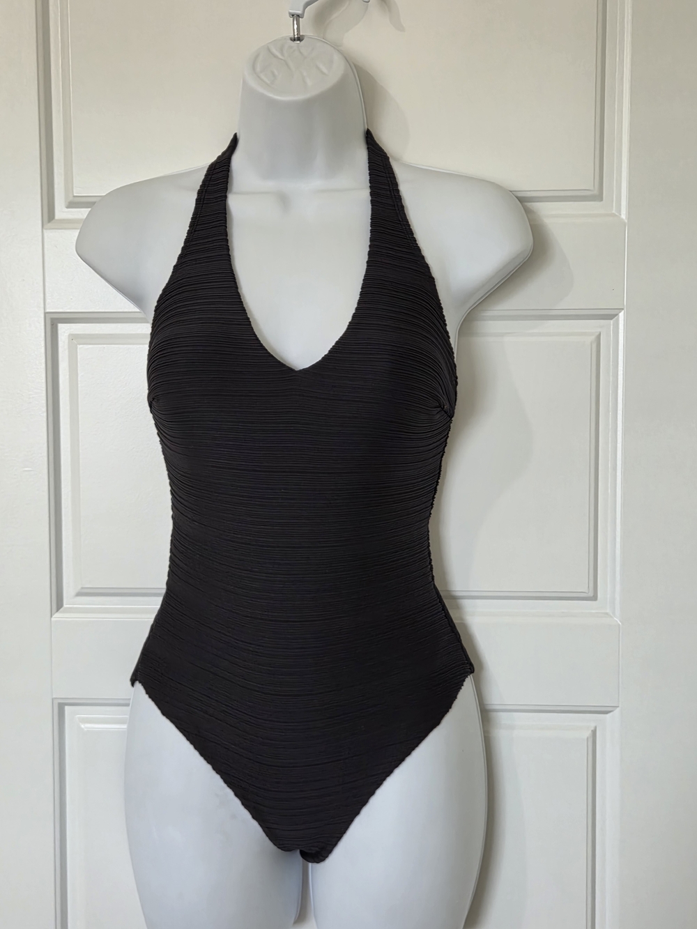 H&M Black Halter Deep V Plunge Neck One Piece Fitted Swimsuit Women Beach Size 4